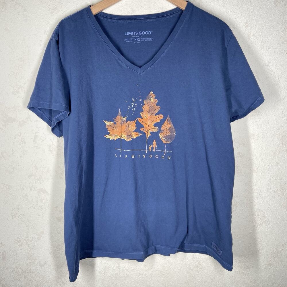 Life is Good Women's XXL Blue Fall Autumn Leaf Short Sleeve Shirt Crusher Tee